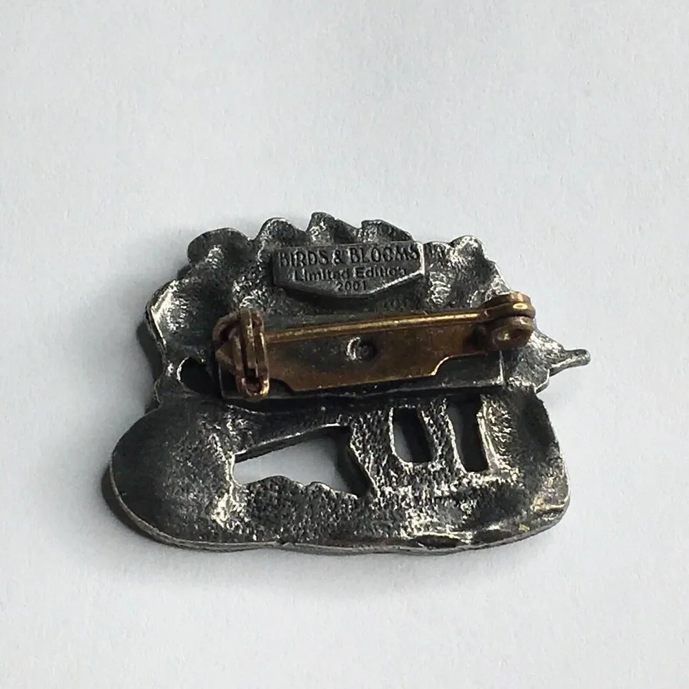 Birds & Blooms Brooch Pin‎ Pewter Flower Wheelbarrow Granny Cottage Fairycore